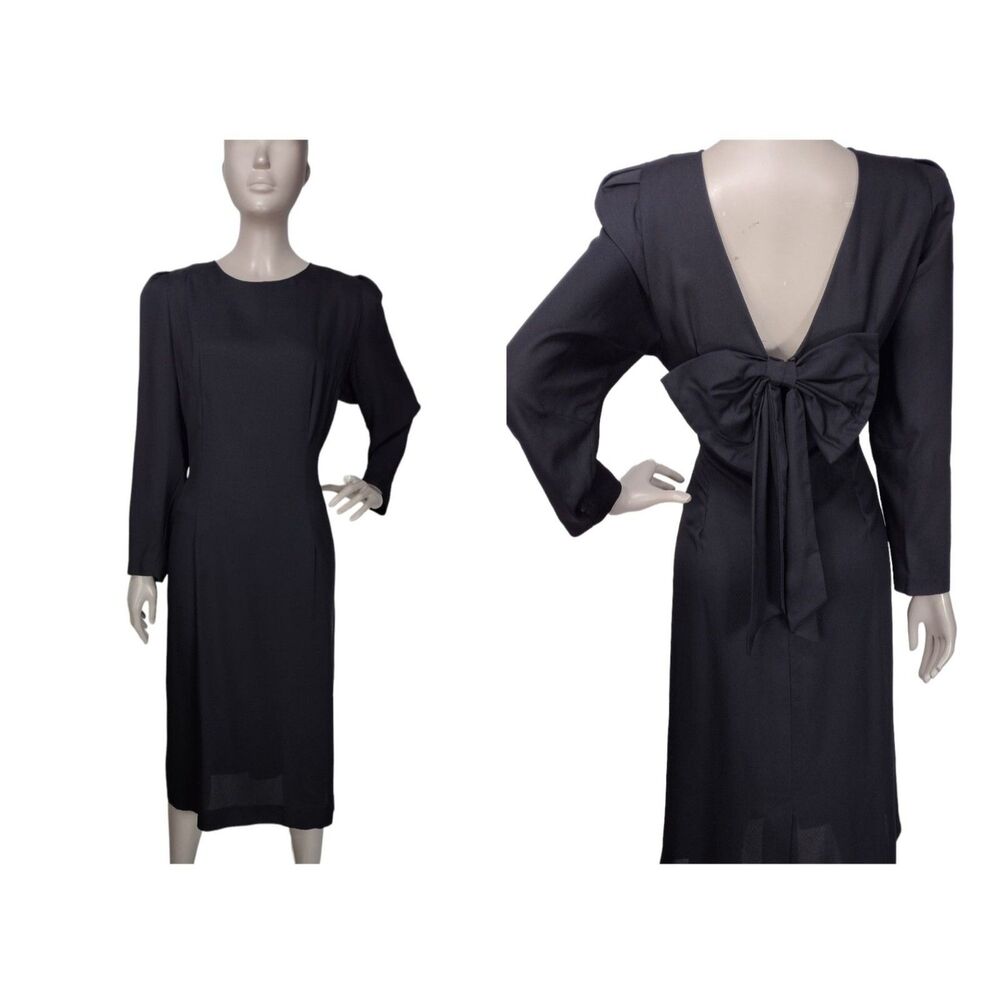 Vintage 80s Samantha Black High Shoulder Deep V-Back Big Bow-Back Midi Dress NEW